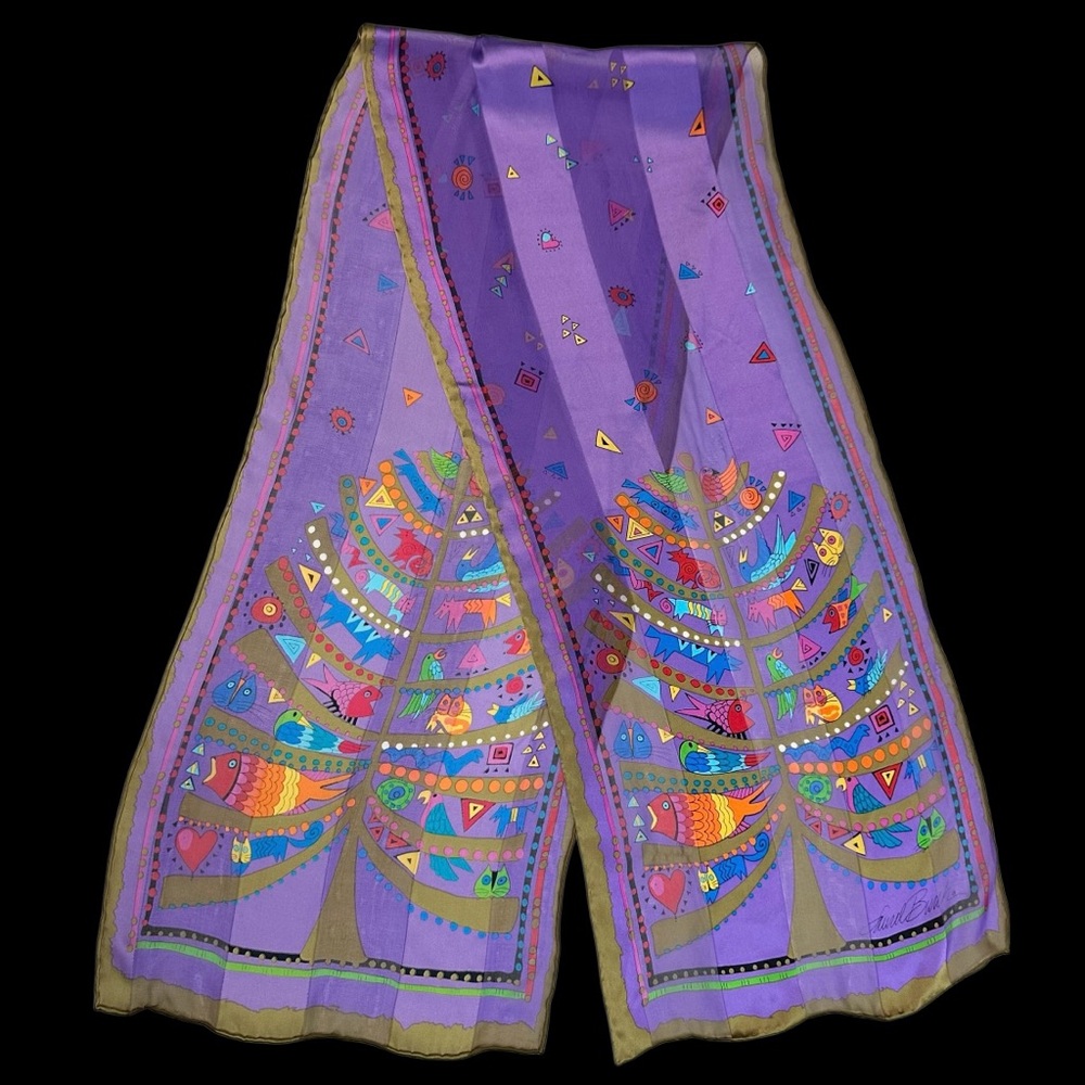 Laurel Burch Vintage Silk Whimsical Animal Cat Tree Long Oblong Scarf